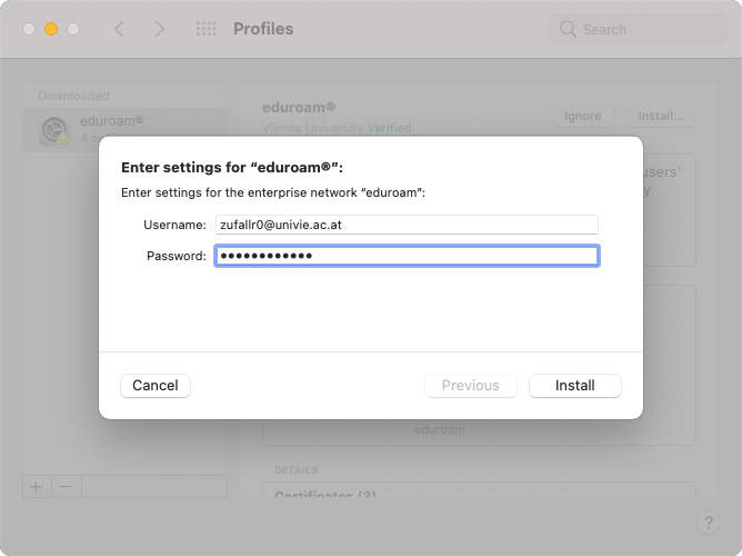 Screenshot macOS Profiles - eduroam user id and password
