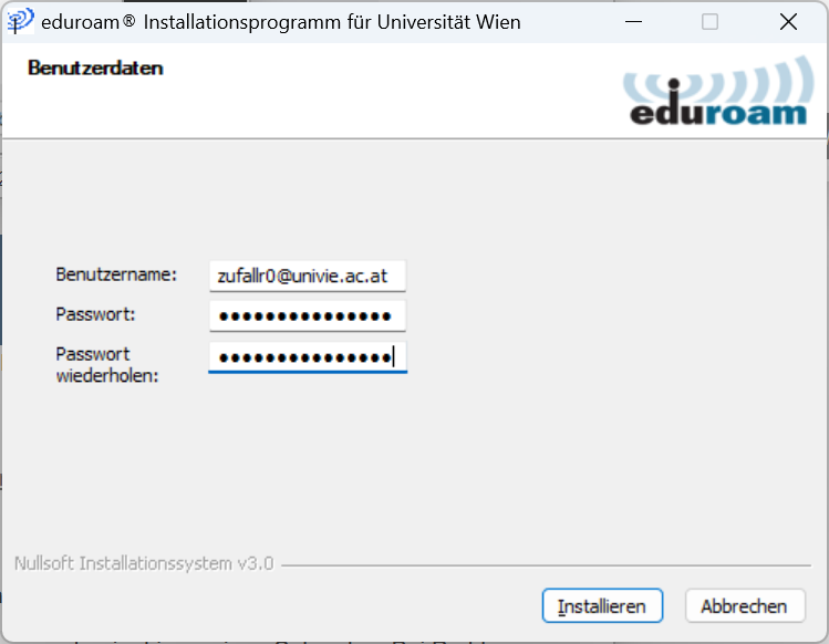Screenshot Windows eduroam CAT installieren - euroam-Zugangsdaten eingeben