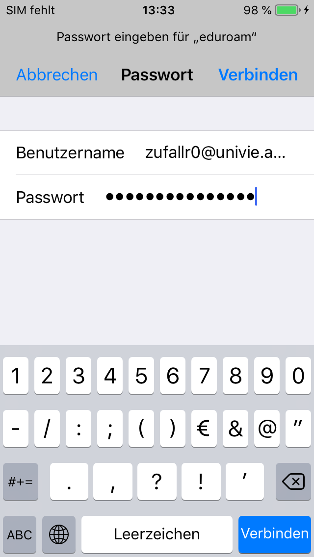 Screenshot eduroam iPhone Benutzername und Passwort eingeben