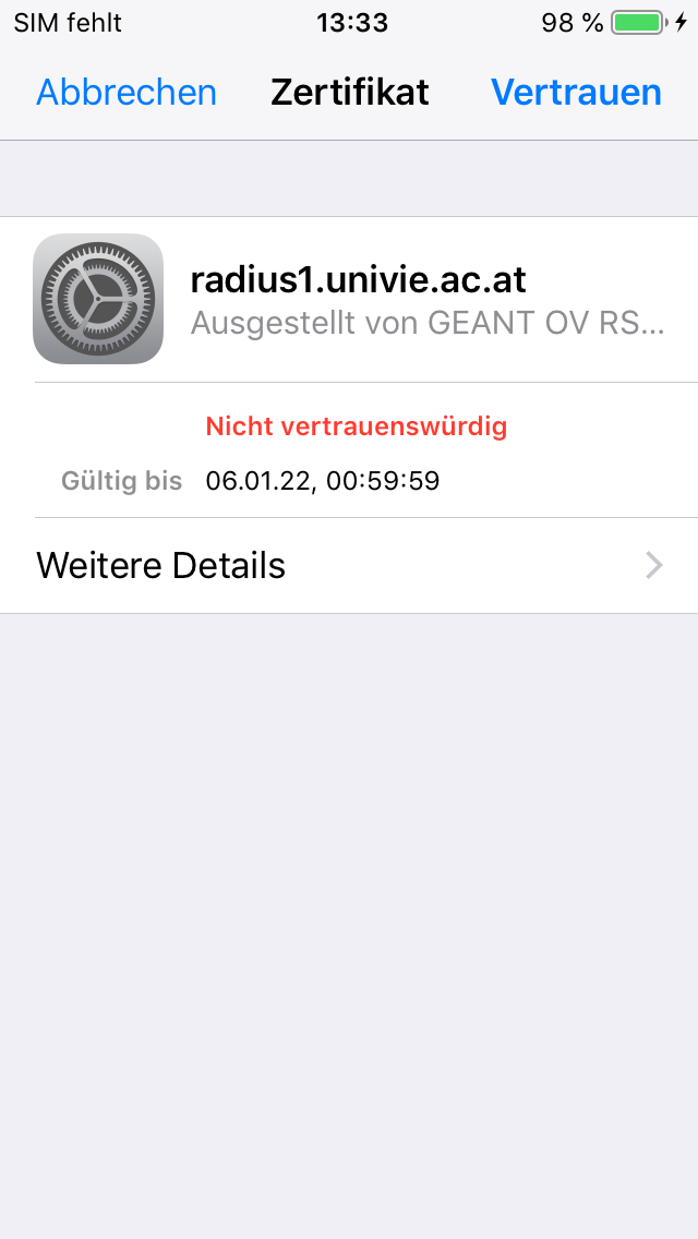 Screenshot eduroam iPhone Zertifikat Universität Wien vertrauen