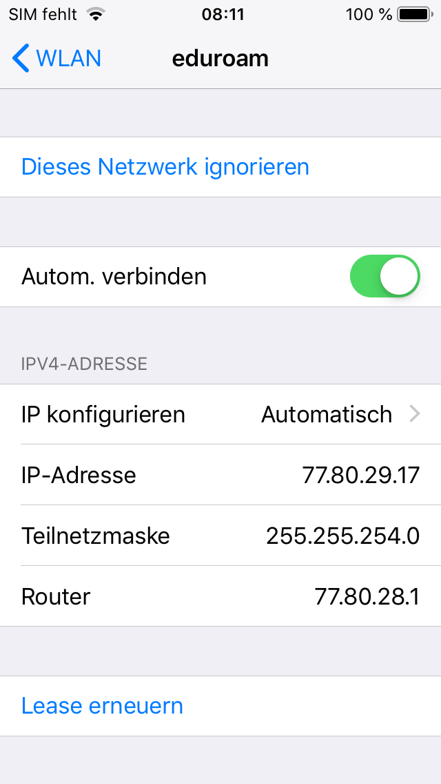 Screenshot iOS WLAN - eduroam Netzwerk ignorieren