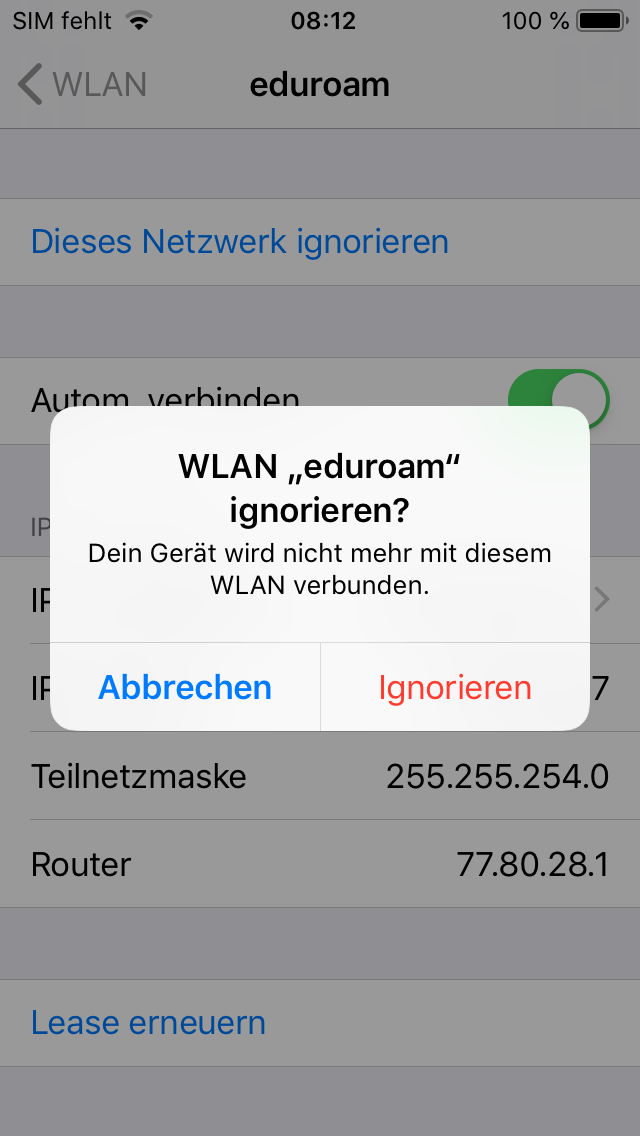 Screenshot WLAN - eduroam ignorieren bestätigen