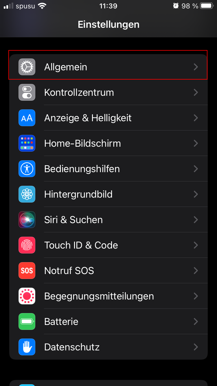 Screenshot iOS - Einstellungen