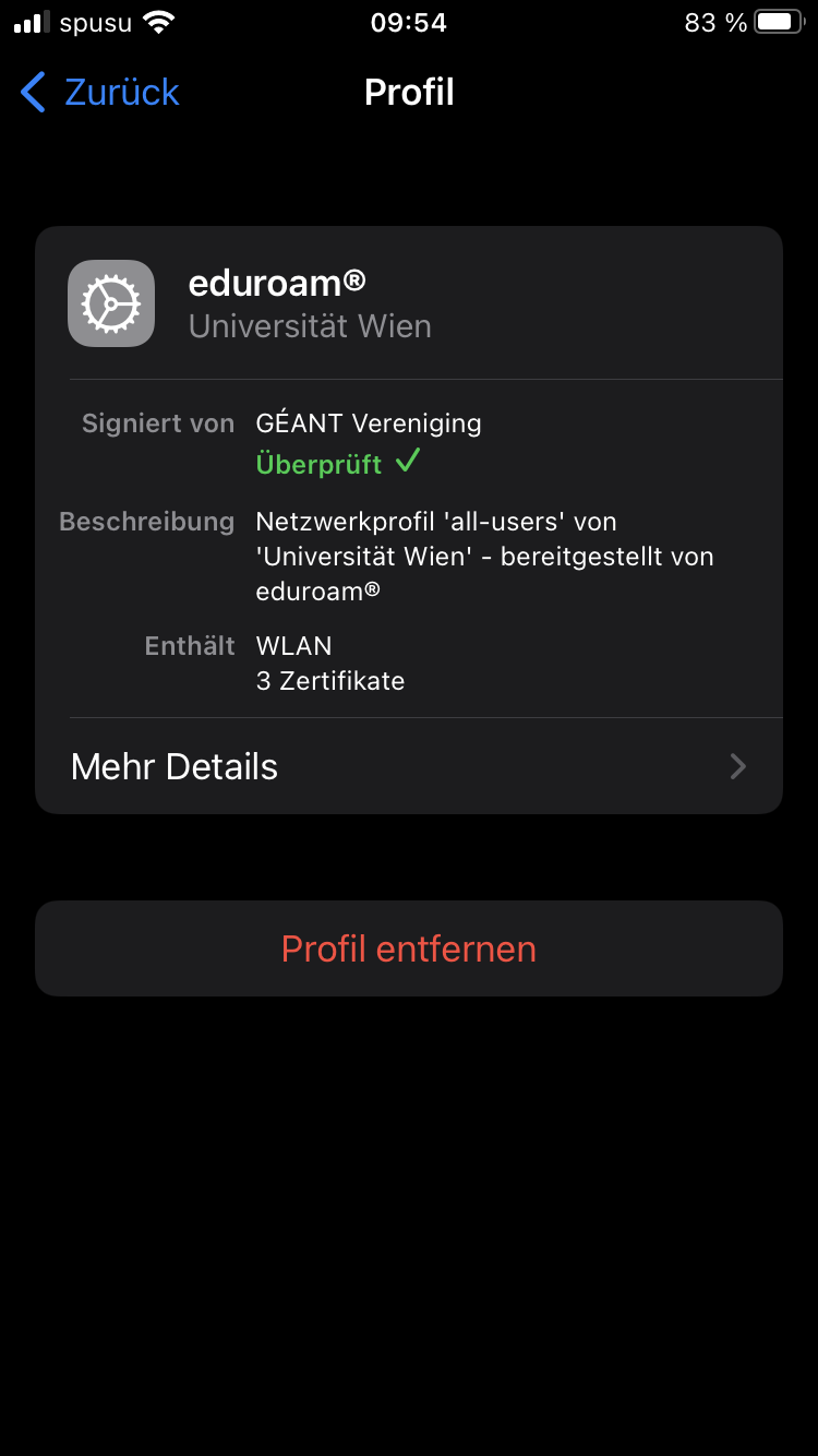 Screenshot iOS - Profil entfernen