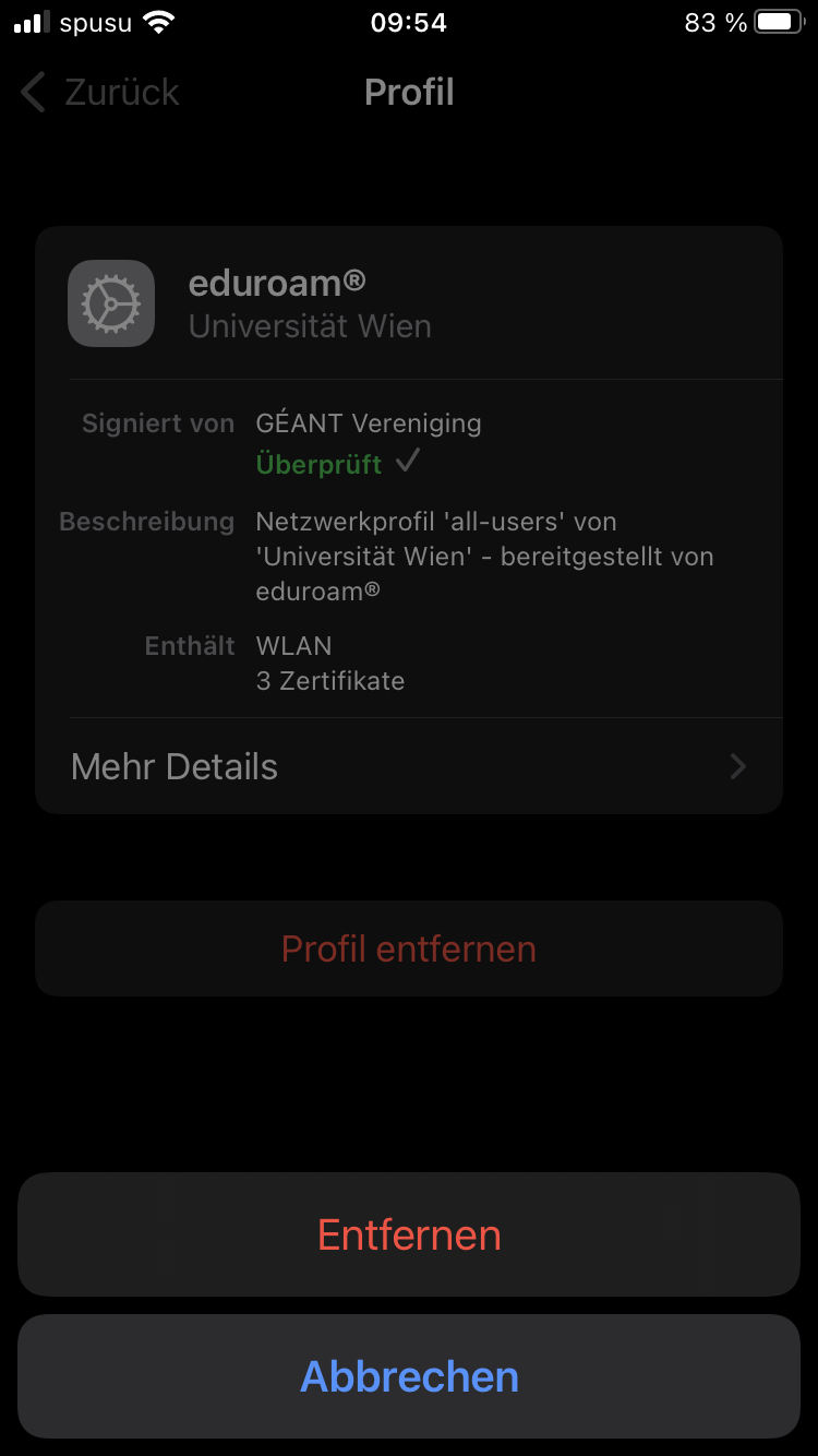 Screenshot iOS - Profil entfernen bestätigen