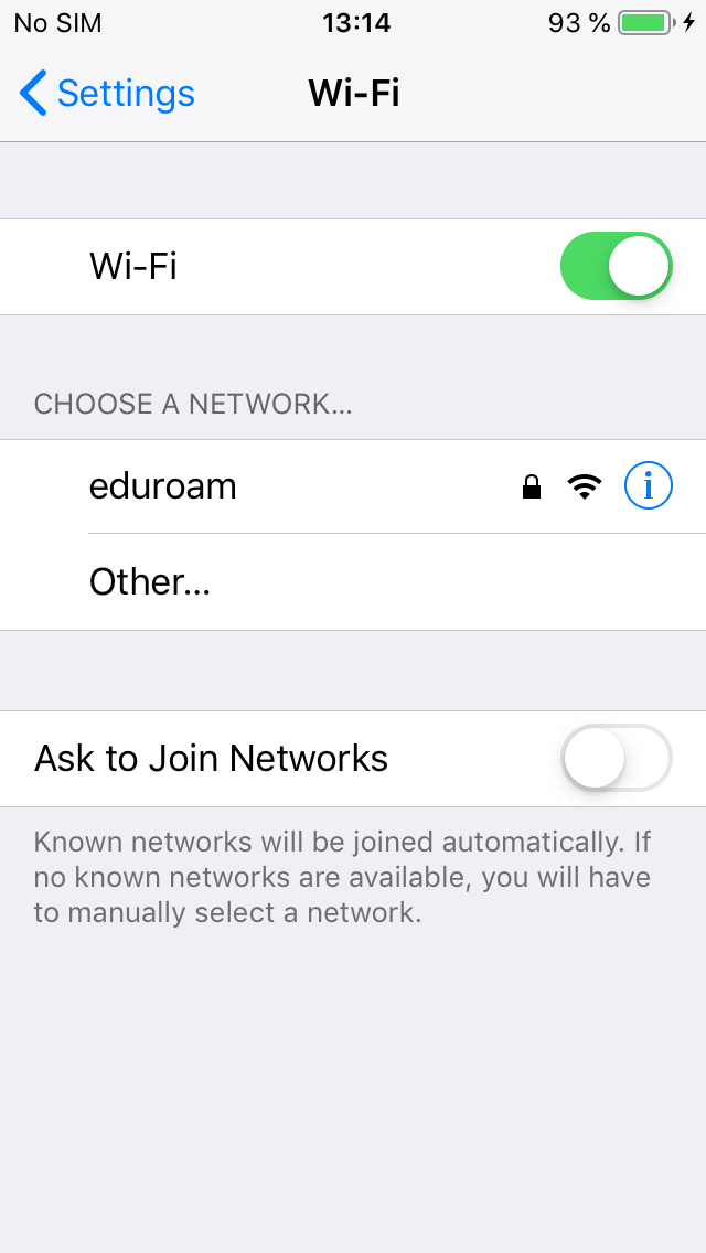 Screenshot eduroam iPhone Settings Wi-Fi eduroam