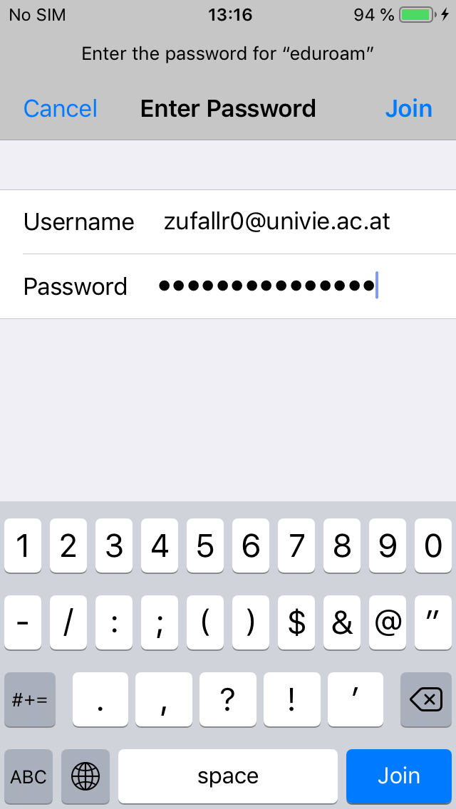 Screenshot eduroam iPhone Settings eduroam credentials
