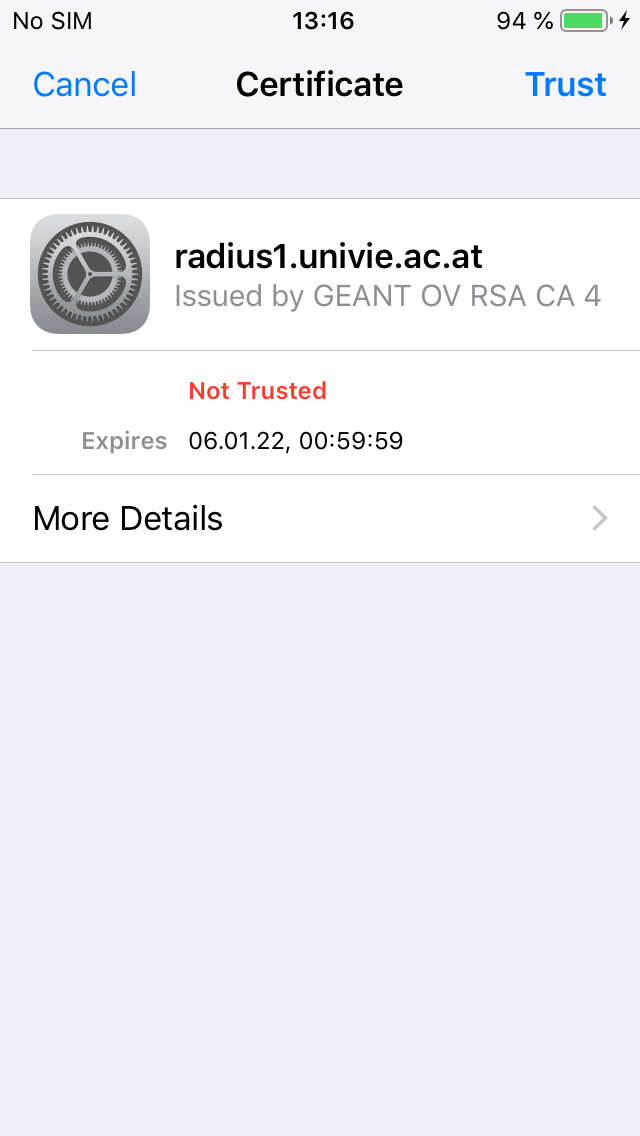 Screenshot eduroam iPhone trust the certificate