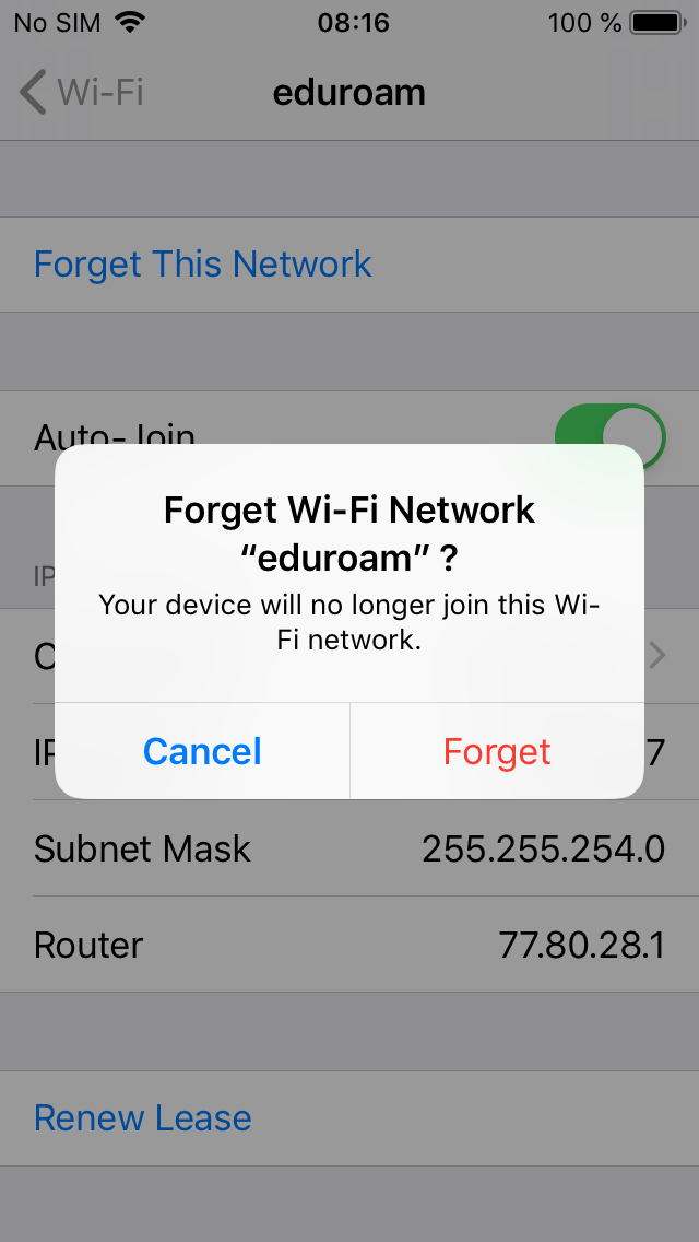 Screenshot WiFi - confim forget eduroam network