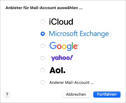 Screenshot Apple Mail Account hinzufügen Microsoft Exchange
