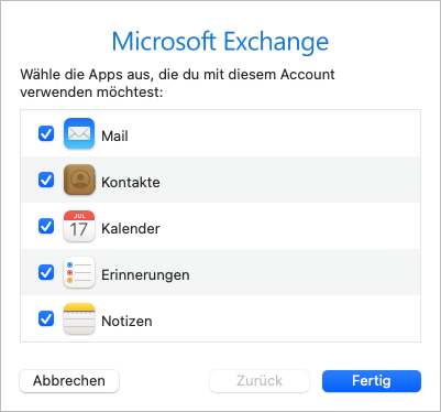 Screenshot Apple Mail Account hinzufügen - Apps für Exchange auswählen