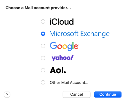 Screenshot Apple Mail Add Account Microsoft Exchange