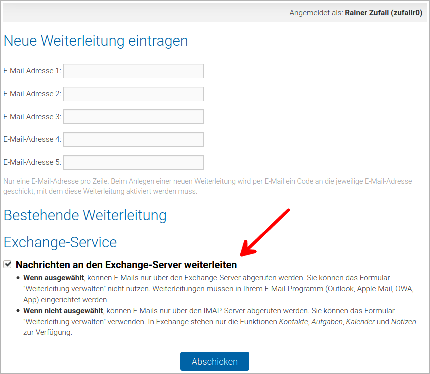 Screenshot Exchange – Webformular Weiterleitung