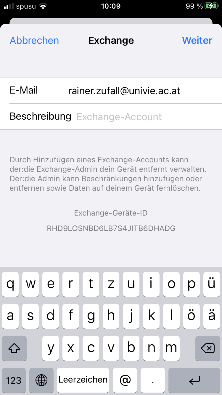 Screenshot iOS Exchange E-Mail-Adresse eingeben
