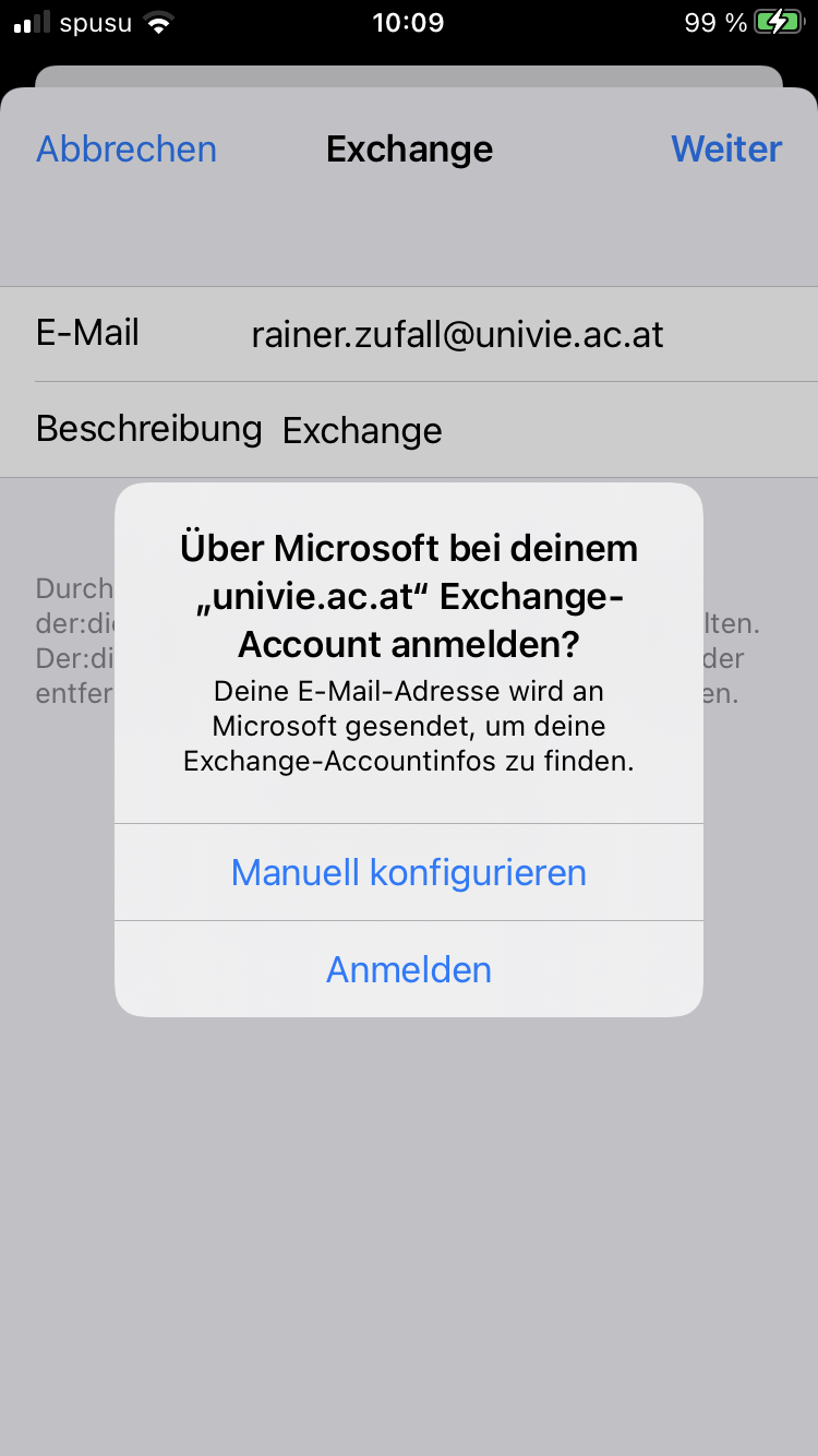 Screenshot iOS Exchange manuell konfigurieren