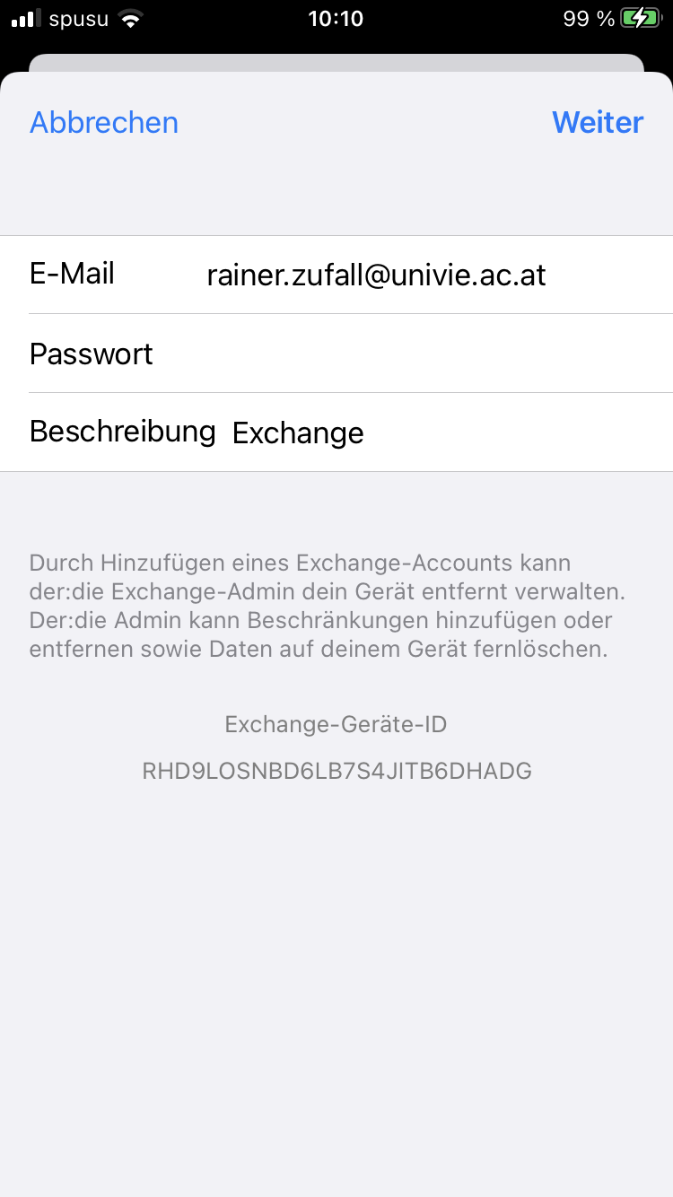 Screenshot iOS Exchange - E-Mail-Adresse und Passwort