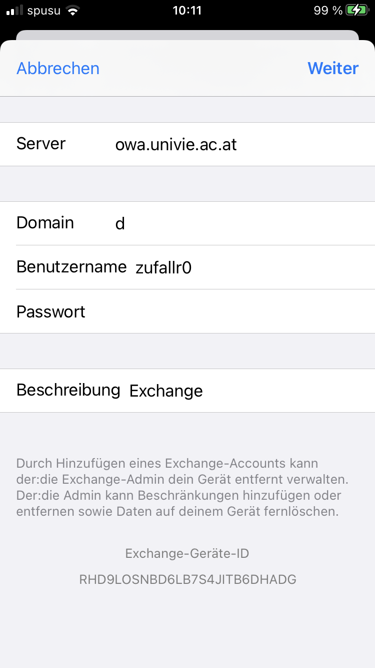 Screenshot iOS Exchange Konfgurationsdaten