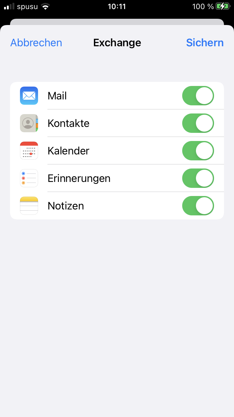 Screenshot iOS Exchange Synchronisationseinstellungen