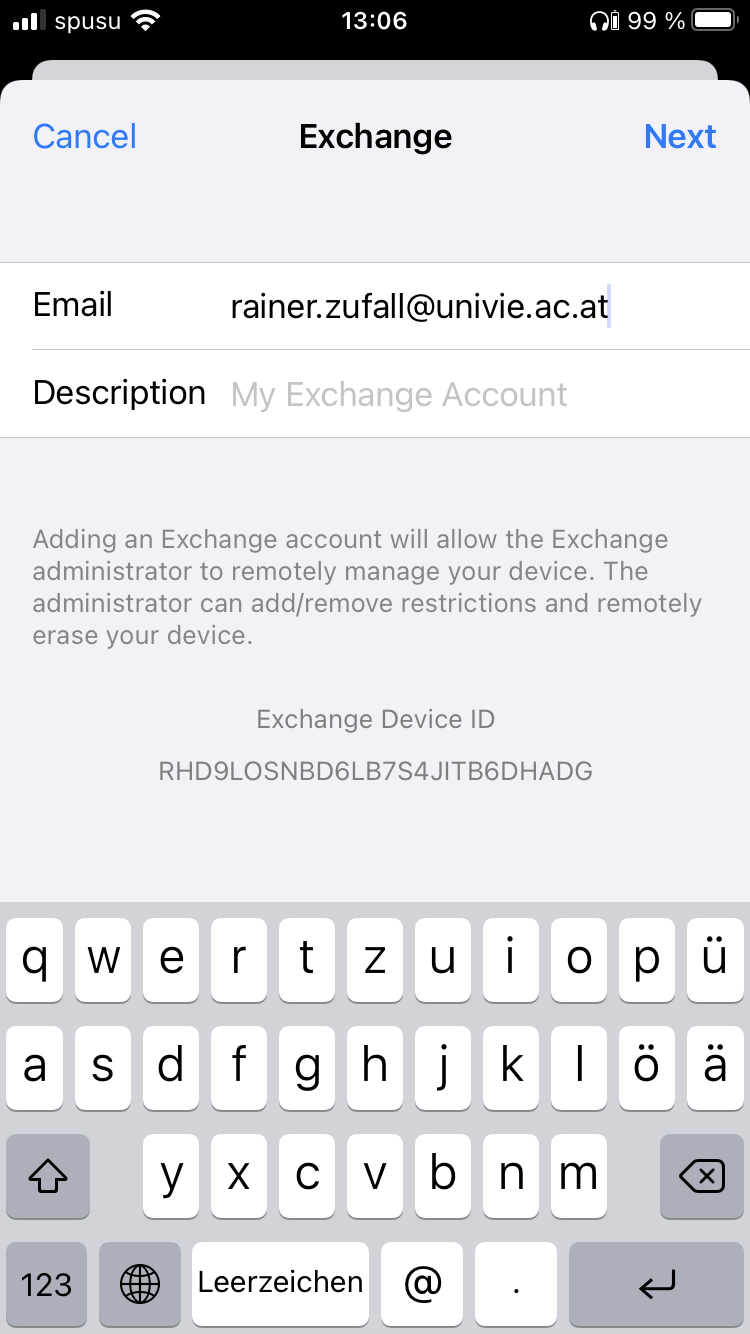 Screenshot iOS Settings e-mail address