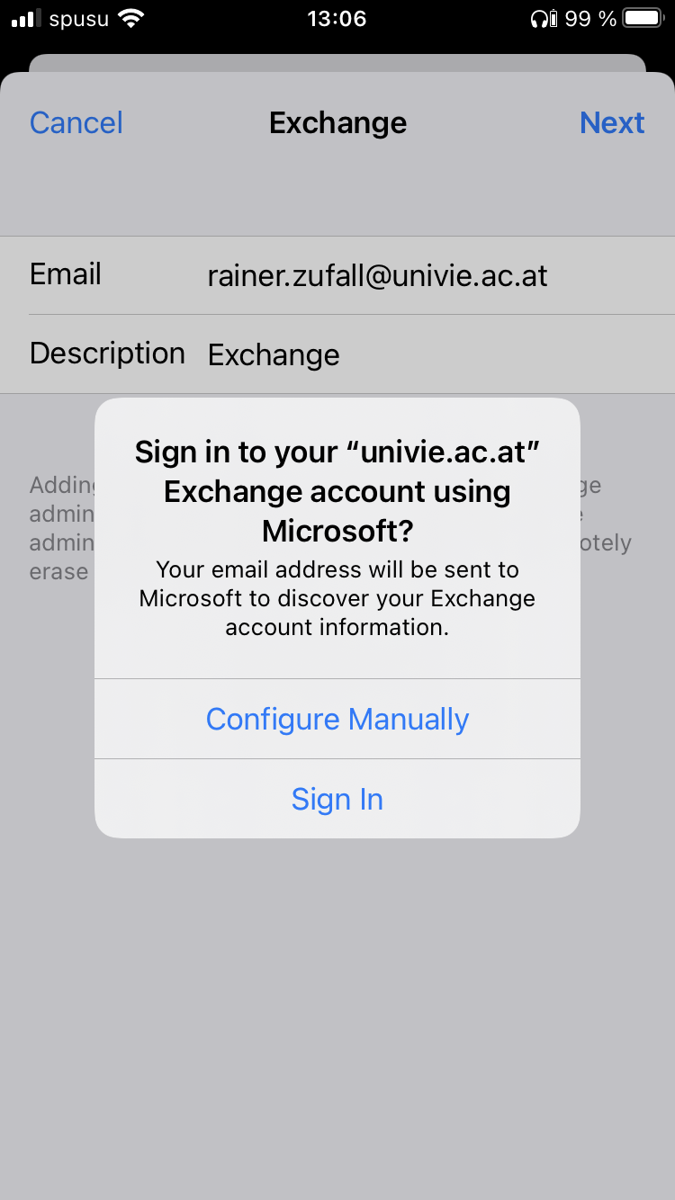 Screenshot iOS Exchange Configure manually