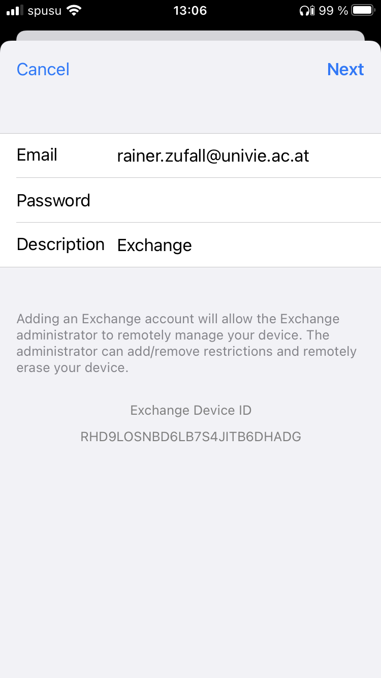 Screenshot iOS Exchange e-mail address and password