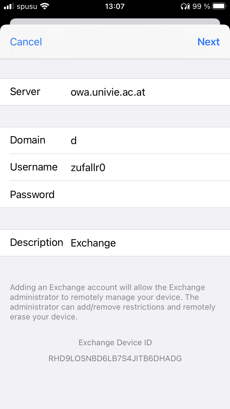 Screenshot iOS Exchange configuration data