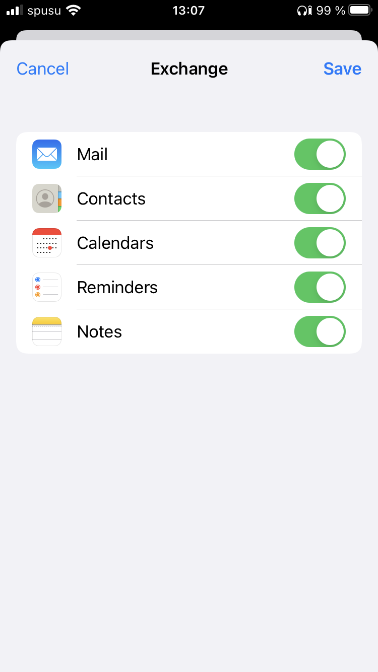 Screenshot iOS Exchange synchronisation setting