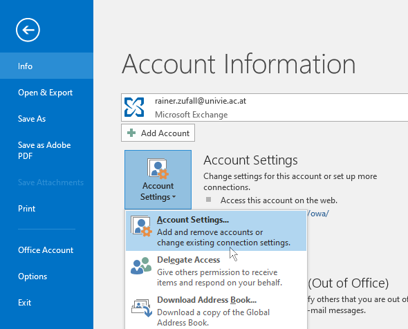 Screenshot Outlook 2016 account settings