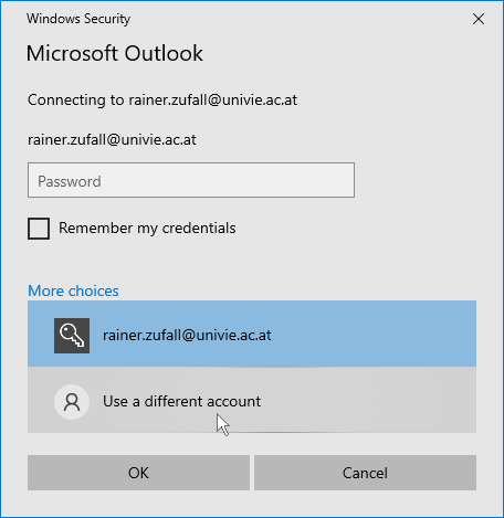 Screenshot Outlook 2016 Exchange Login - Use a different account