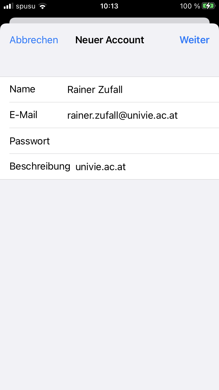 Screenshot iPhone Informationen eingeben E-Mail-Account 