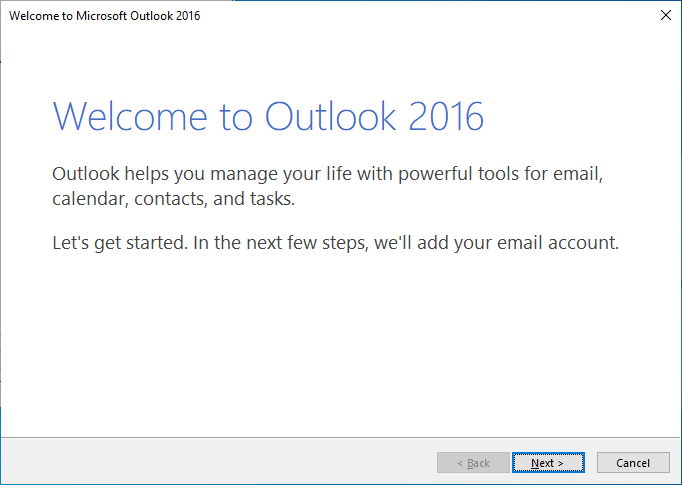 Screenshot Outlook 2016 welcome screen