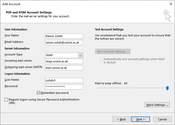 Screenshot Outlook 2016 Add Account - IMAP Settings