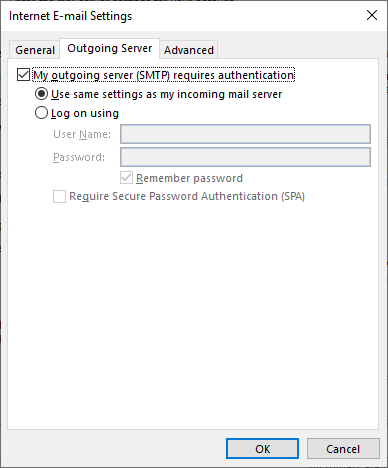 Screenshot Outlook 2016 Settings - Outgoing Server