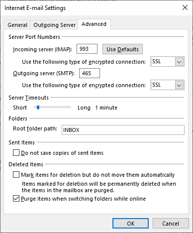 Screenshot Outlook 2016 Settings - Advanced