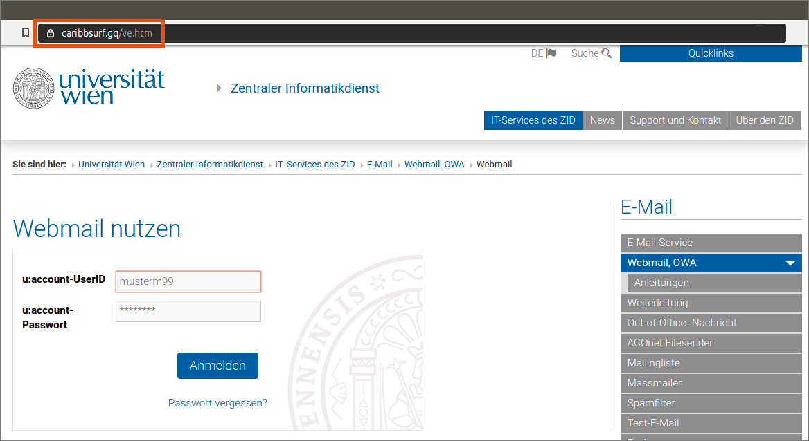 Screenshot – Beispiel Phishing Webmail