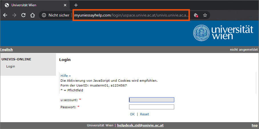 Screenshot – Beispiel Phishing UNIVIS-Online