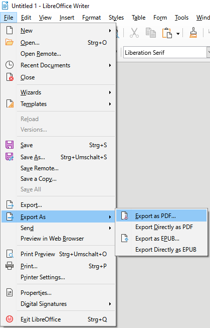 Screenshot Libre Open Office - file - Export as PDF...