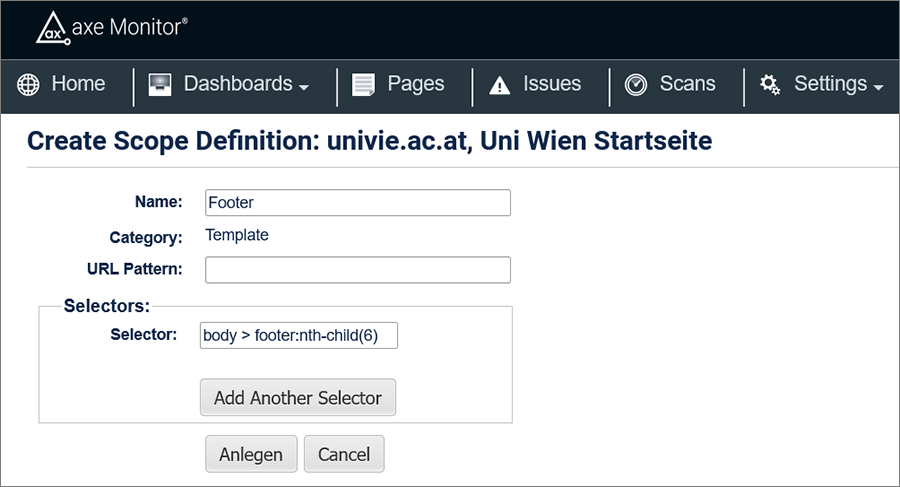 Create scope definitions page. The fields Name und Selector have to be filled out.