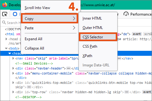 Context menu in browser. The entries Copy and CSS Selector are highlighted..