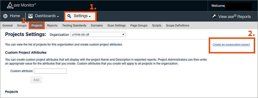 Projects Settings page. The link „Create an organization project“ is highlighted.
