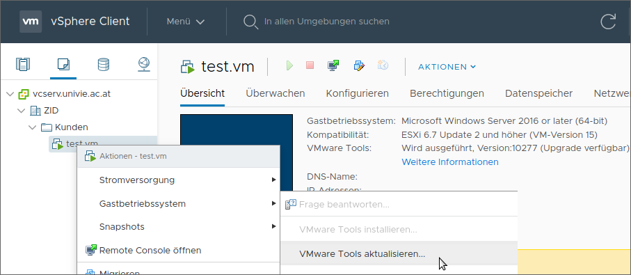 Screenshot VMware Tools aktualisieren