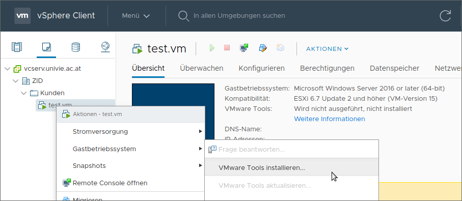 Screenschot VMware Tools installieren