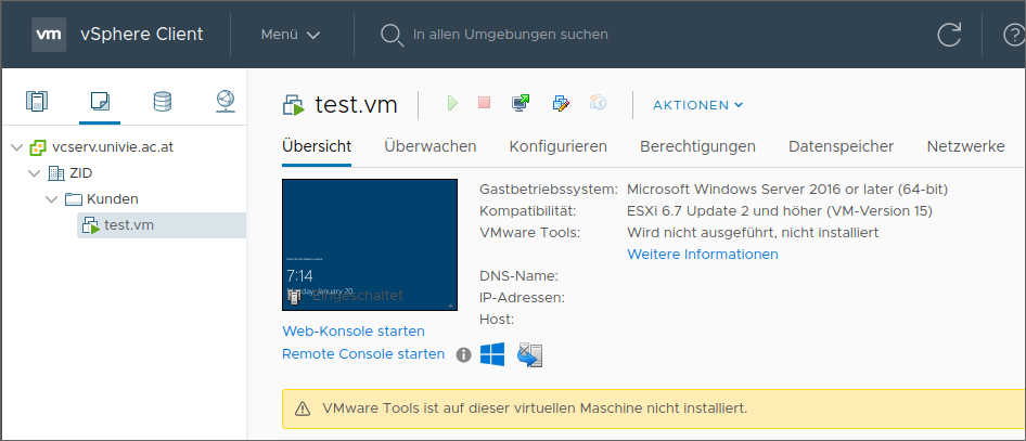 Screenshot VMware Tools nicht installiert