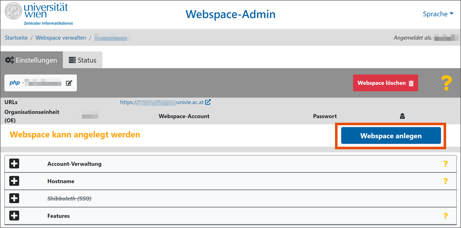Webspace anlegen