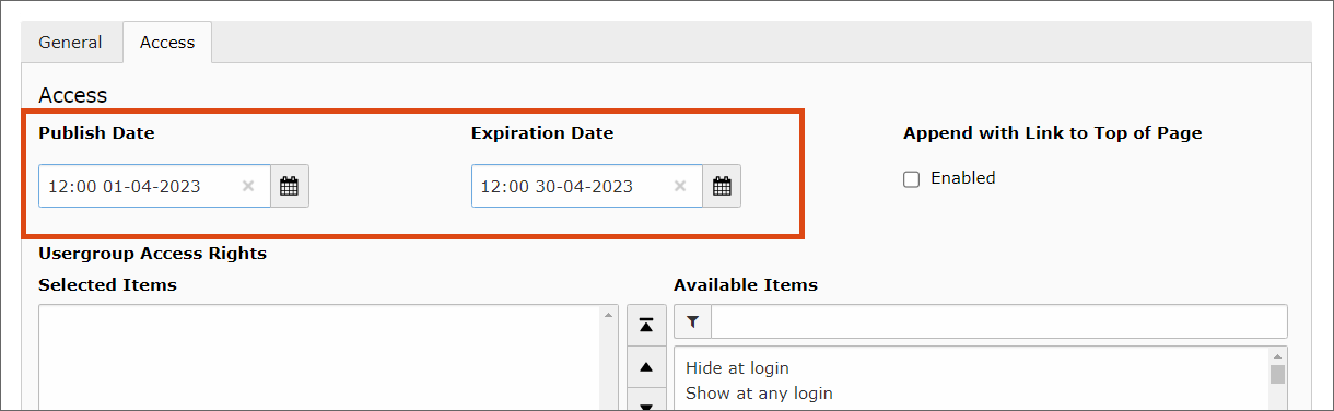 Screenshot Access Tab publish date