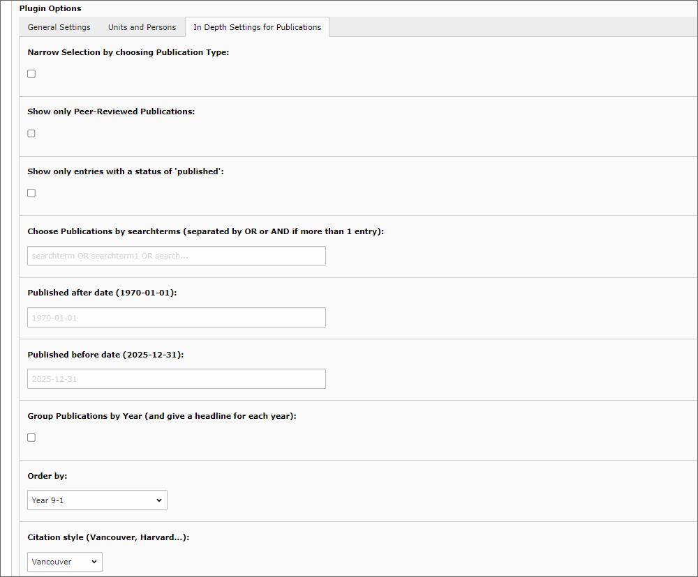 Screenshot advanced settings for publications