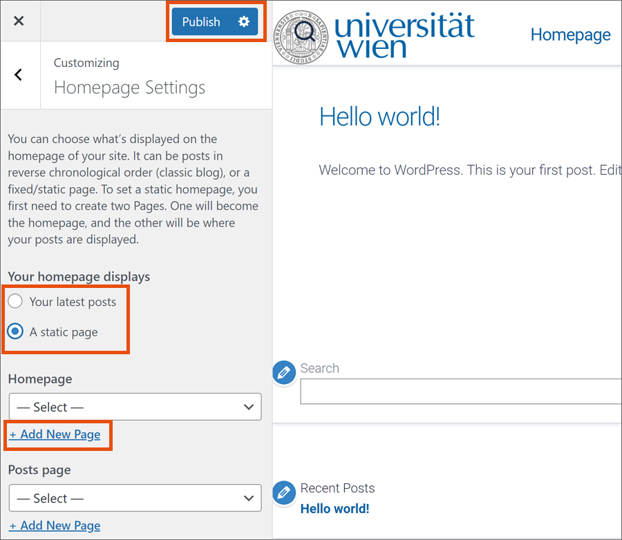 Homepage settings