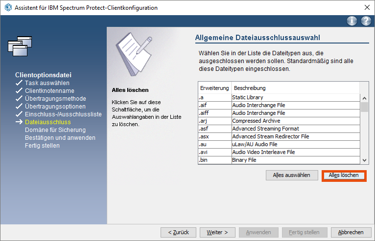 Screenshot Windows Allgemeine Dateiausschlussauswahl 