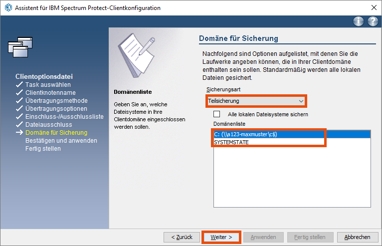Screenshot Windows Domäne für Sicherung 