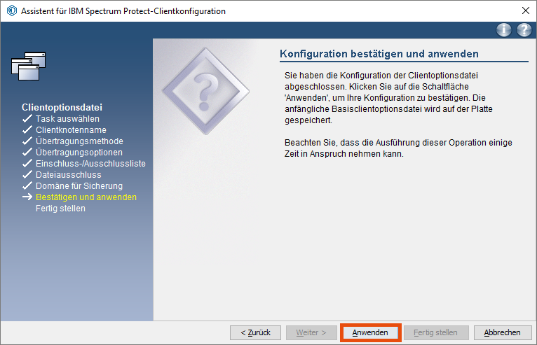 Screenshot Windows Konfiguration bestätigen und anwenden
